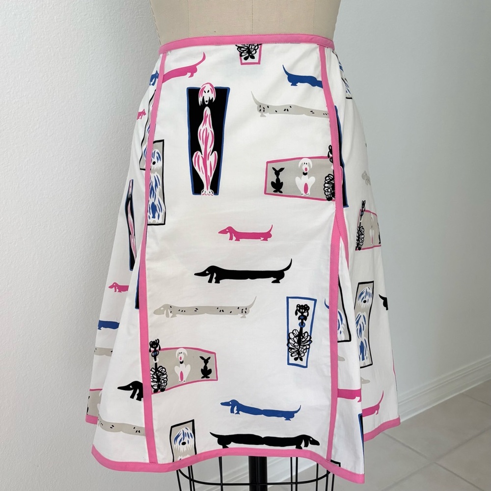 itw By Claude Brown Whimsical Dog Print Skirt Cotton Pink Black A-Line 10 - Picture 6 of 8